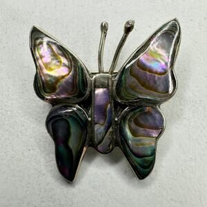 Vintage Mexico Abalone Butterfly Inlay Silver Tone Brooch Pin ✨